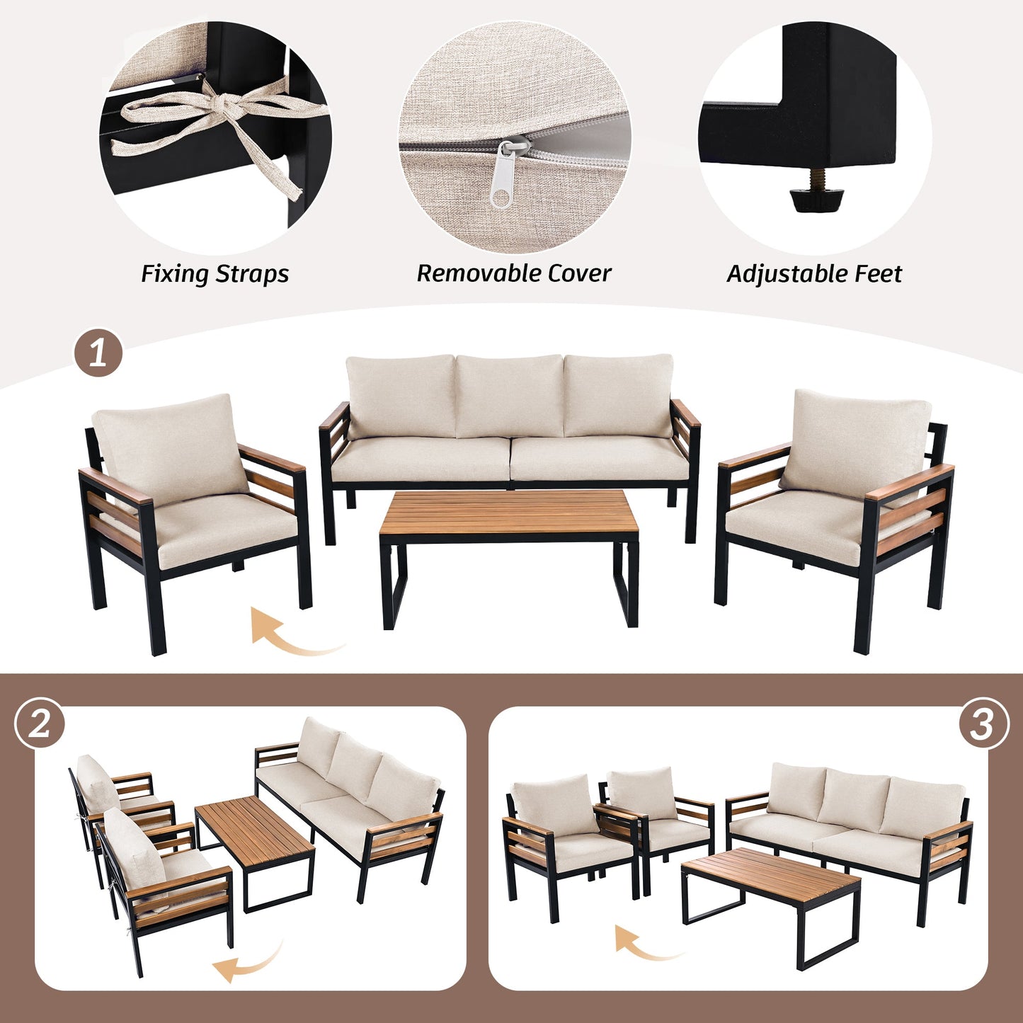 4-Piece Outdoor Furniture Sofa Set for 5 People with Acacia Wood