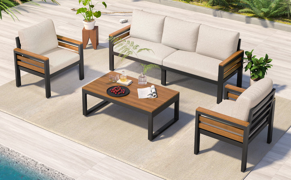 4-Piece Outdoor Furniture Sofa Set for 5 People with Acacia Wood